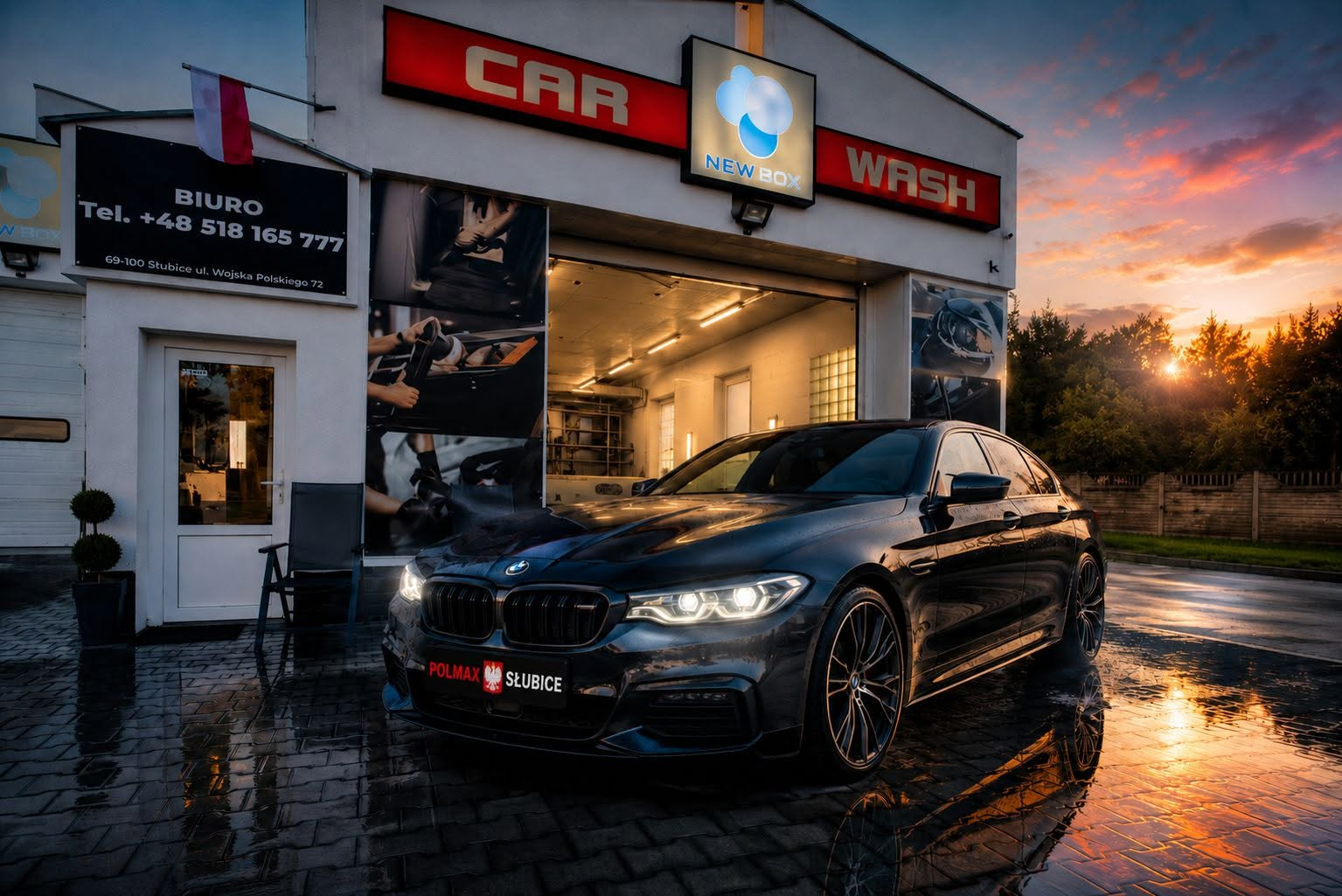 BMW przed naszą myjnią o zachodzie słońca